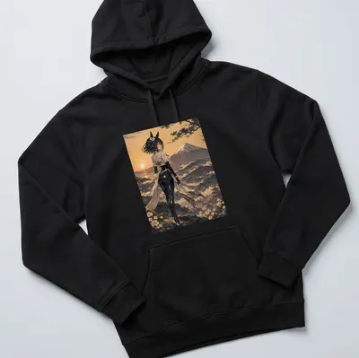 Anime illustration of Uma Musume character at sunset with Mount Fuji background — printed on a unisex hoodie