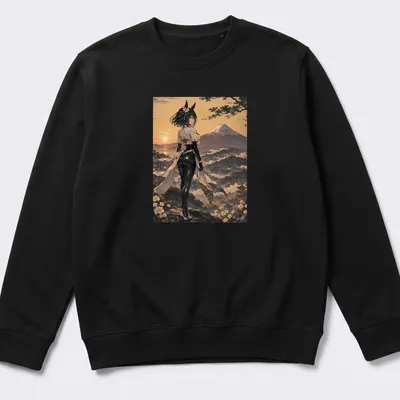 Anime illustration of Uma Musume character at sunset with Mount Fuji background — printed on a unisex sweatshirt