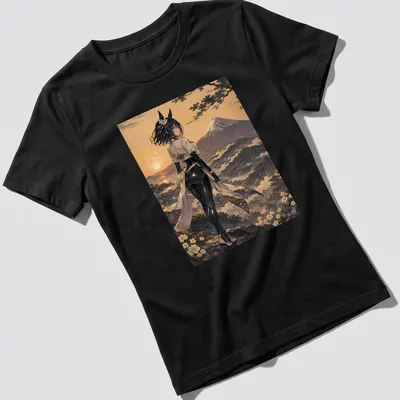 Anime illustration of Uma Musume character at sunset with Mount Fuji background — printed on a women's shirt