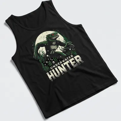 Vintage distressed graphic of a Lizard Man with Underwater Hunter text — printed on a tank top