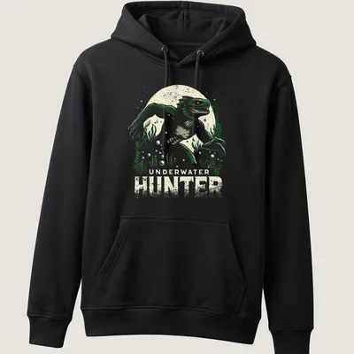 Vintage distressed graphic of a Lizard Man with Underwater Hunter text — printed on a unisex hoodie