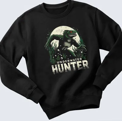 Vintage distressed graphic of a Lizard Man with Underwater Hunter text — printed on a unisex sweatshirt