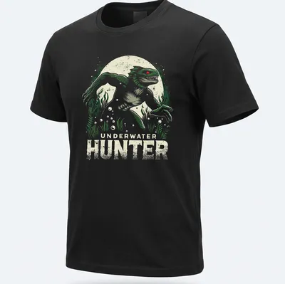 Vintage distressed graphic of a Lizard Man with Underwater Hunter text