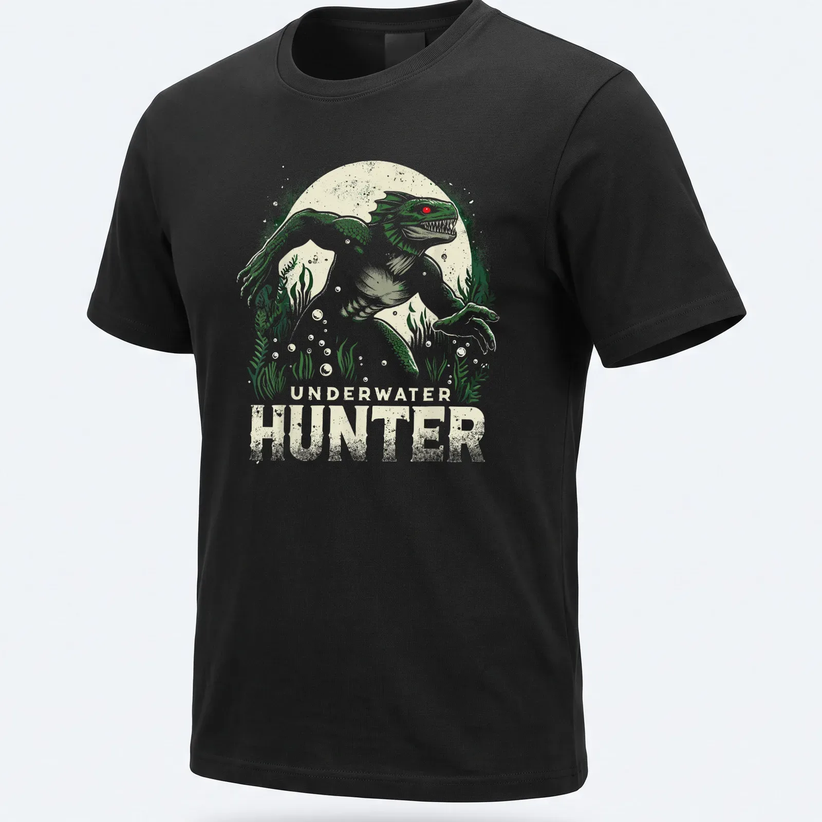 Vintage distressed graphic of a Lizard Man with Underwater Hunter text — printed on a unisex t-shirt