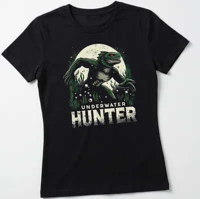 Vintage distressed graphic of a Lizard Man with Underwater Hunter text — printed on a women's shirt