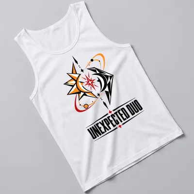 Modern graphic T-shirt with cosmic symbols and the text 'Unexpected Duo' in orange, black, red, and yellow. — printed on a tank top