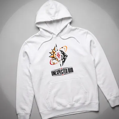 Modern graphic T-shirt with cosmic symbols and the text 'Unexpected Duo' in orange, black, red, and yellow. — printed on a unisex hoodie