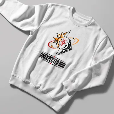 Modern graphic T-shirt with cosmic symbols and the text 'Unexpected Duo' in orange, black, red, and yellow. — printed on a unisex sweatshirt