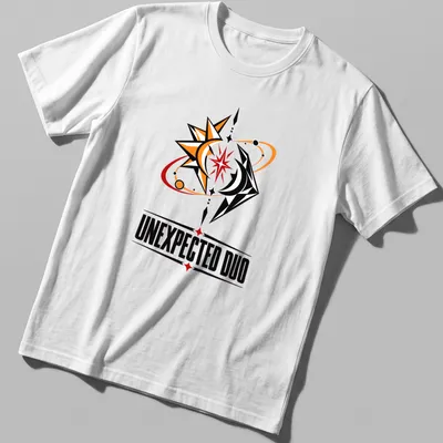 Modern graphic T-shirt with cosmic symbols and the text 'Unexpected Duo' in orange, black, red, and yellow.