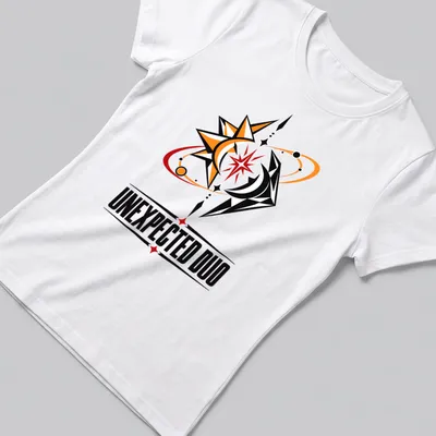 Modern graphic T-shirt with cosmic symbols and the text 'Unexpected Duo' in orange, black, red, and yellow. — printed on a women's shirt