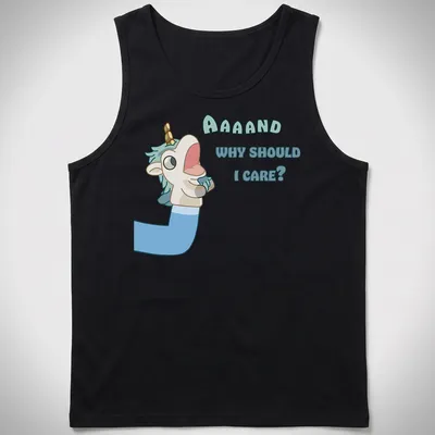 Kawaii unicorn t-shirt with humorous text underneath in light blue and cream. — printed on a tank top