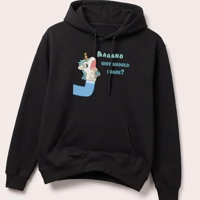 Kawaii unicorn t-shirt with humorous text underneath in light blue and cream. — printed on a unisex hoodie