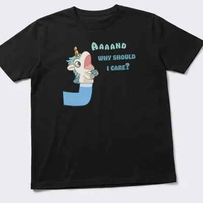 Kawaii unicorn t-shirt with humorous text underneath in light blue and cream.