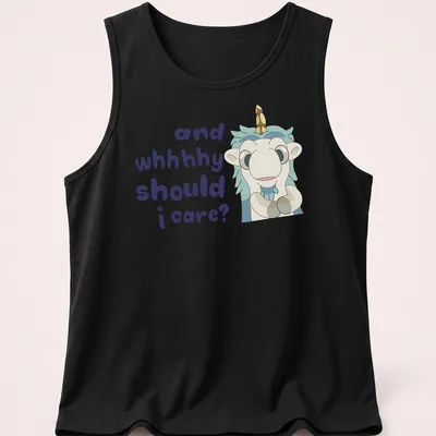Kawaii Unicorse illustration with playful text in light blue and purple — printed on a tank top
