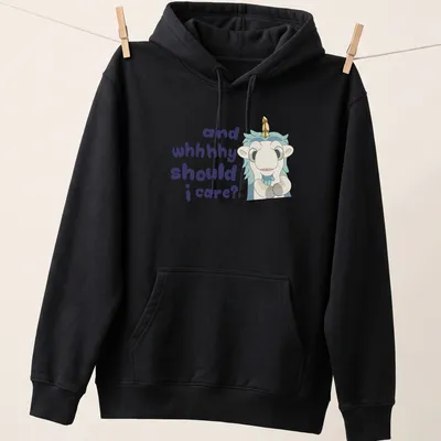 Kawaii Unicorse illustration with playful text in light blue and purple — printed on a unisex hoodie