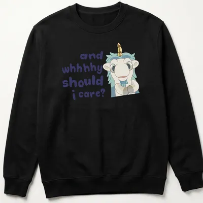 Kawaii Unicorse illustration with playful text in light blue and purple — printed on a unisex sweatshirt