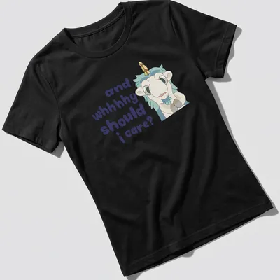 Kawaii Unicorse illustration with playful text in light blue and purple — printed on a women's shirt