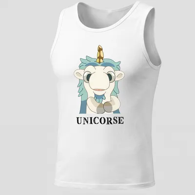 Kawaii style cartoon unicorn design with the word UNICORSE in playful lettering — printed on a tank top