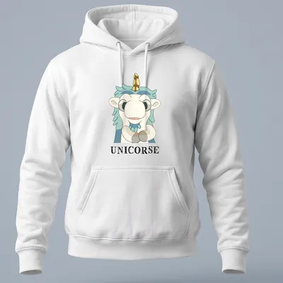 Kawaii style cartoon unicorn design with the word UNICORSE in playful lettering — printed on a unisex hoodie