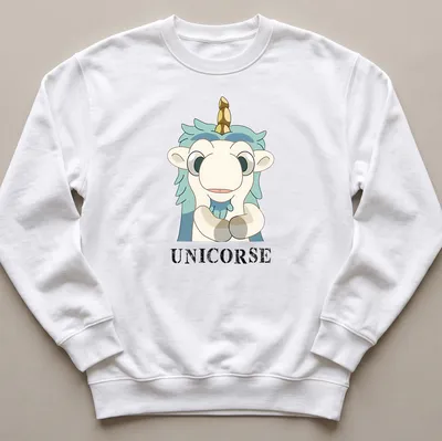 Kawaii style cartoon unicorn design with the word UNICORSE in playful lettering — printed on a unisex sweatshirt