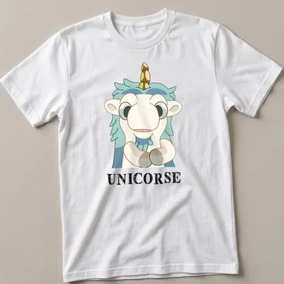 Kawaii style cartoon unicorn design with the word UNICORSE in playful lettering