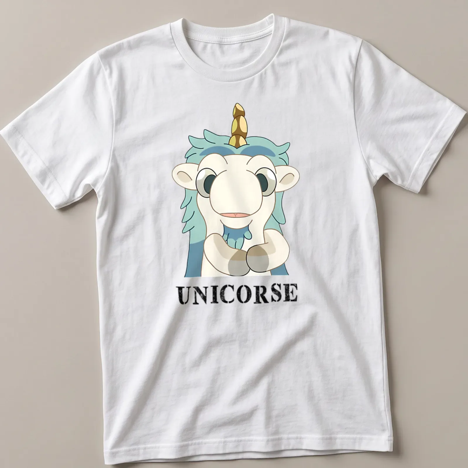 Kawaii style cartoon unicorn design with the word UNICORSE in playful lettering — printed on a unisex t-shirt