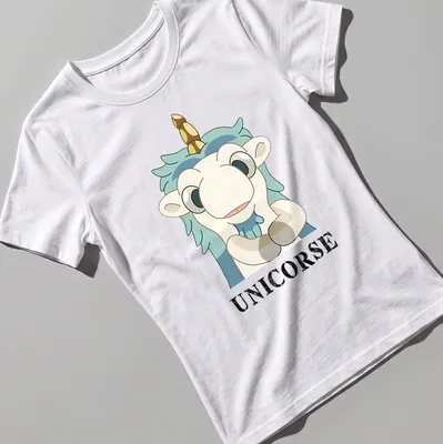 Kawaii style cartoon unicorn design with the word UNICORSE in playful lettering — printed on a women's shirt