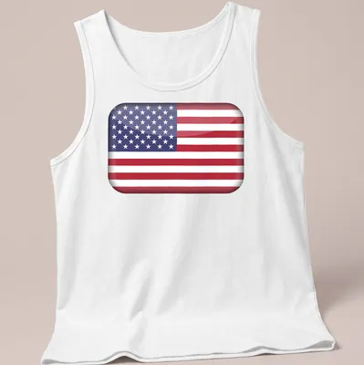 3D glossy print of the United States flag in red, white, and blue — printed on a tank top