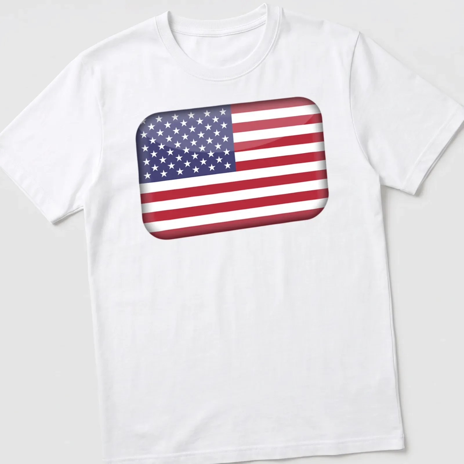3D glossy print of the United States flag in red, white, and blue — printed on a unisex t-shirt