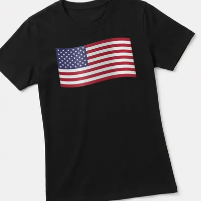 Graphic of the United States flag in red, white, and blue colors. — printed on a women's shirt