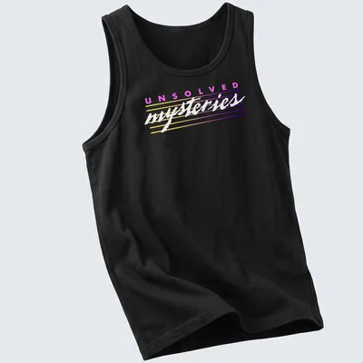 Retro striped tee featuring the text 'UNSOLVED mysteries' in colorful letters. — printed on a tank top