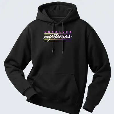 Retro striped tee featuring the text 'UNSOLVED mysteries' in colorful letters. — printed on a unisex hoodie