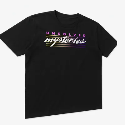 Retro striped tee featuring the text 'UNSOLVED mysteries' in colorful letters. — printed on a unisex t-shirt (angled view)