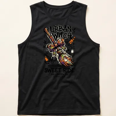 Graffiti-style Urban Witch design with broomstick and colorful text for Halloween. — printed on a tank top