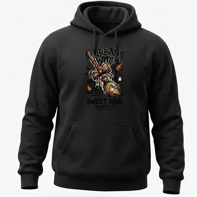 Graffiti-style Urban Witch design with broomstick and colorful text for Halloween. — printed on a unisex hoodie