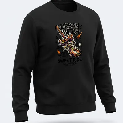 Graffiti-style Urban Witch design with broomstick and colorful text for Halloween. — printed on a unisex sweatshirt