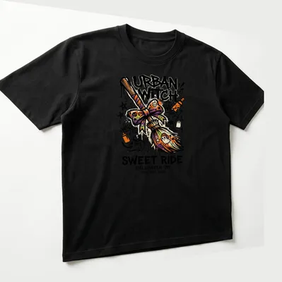 Graffiti-style Urban Witch design with broomstick and colorful text for Halloween. — printed on a unisex t-shirt (angled view)