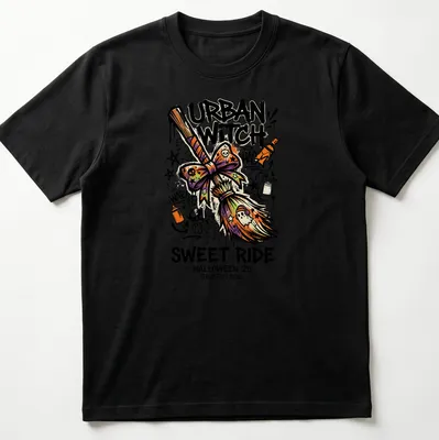 Graffiti-style Urban Witch design with broomstick and colorful text for Halloween.
