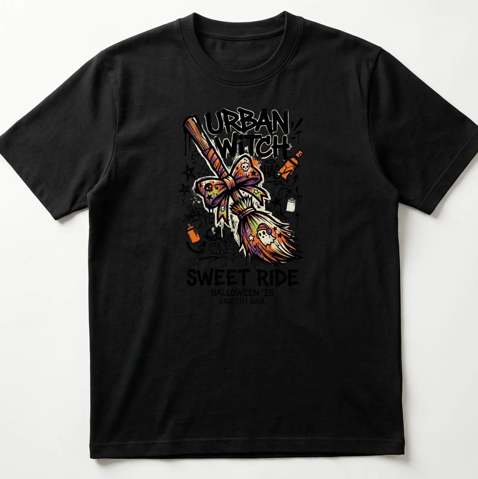 Graffiti-style Urban Witch design with broomstick and colorful text for Halloween. — printed on a unisex t-shirt