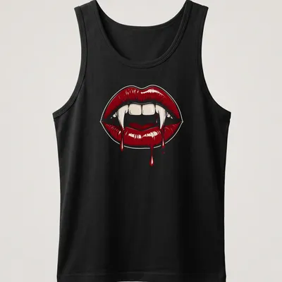 Gothic horror design featuring red vampire lips and fangs in bold colors — printed on a tank top