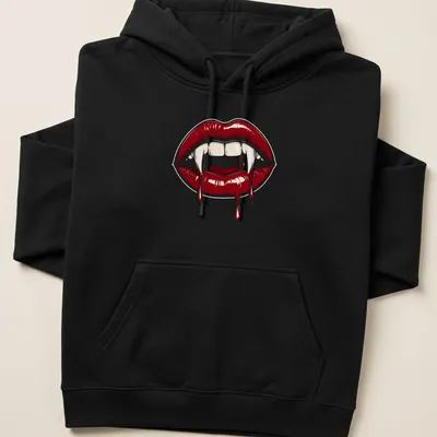 Gothic horror design featuring red vampire lips and fangs in bold colors — printed on a unisex hoodie