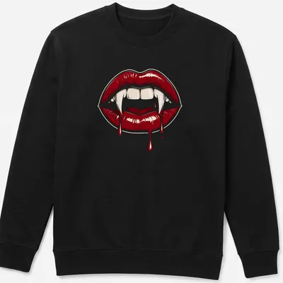 Gothic horror design featuring red vampire lips and fangs in bold colors — printed on a unisex sweatshirt