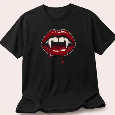 Gothic horror design featuring red vampire lips and fangs in bold colors