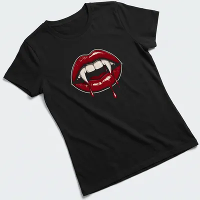 Gothic horror design featuring red vampire lips and fangs in bold colors — printed on a women's shirt