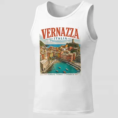 Vintage travel style t-shirt featuring Vernazza, Italy with colorful design — printed on a tank top