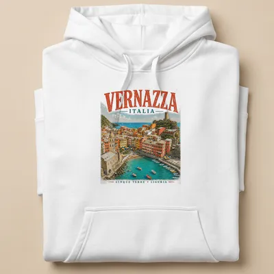 Vintage travel style t-shirt featuring Vernazza, Italy with colorful design — printed on a unisex hoodie
