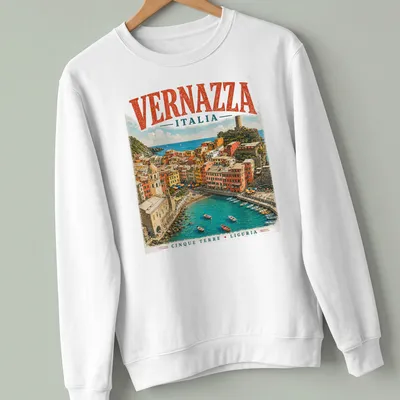 Vintage travel style t-shirt featuring Vernazza, Italy with colorful design — printed on a unisex sweatshirt