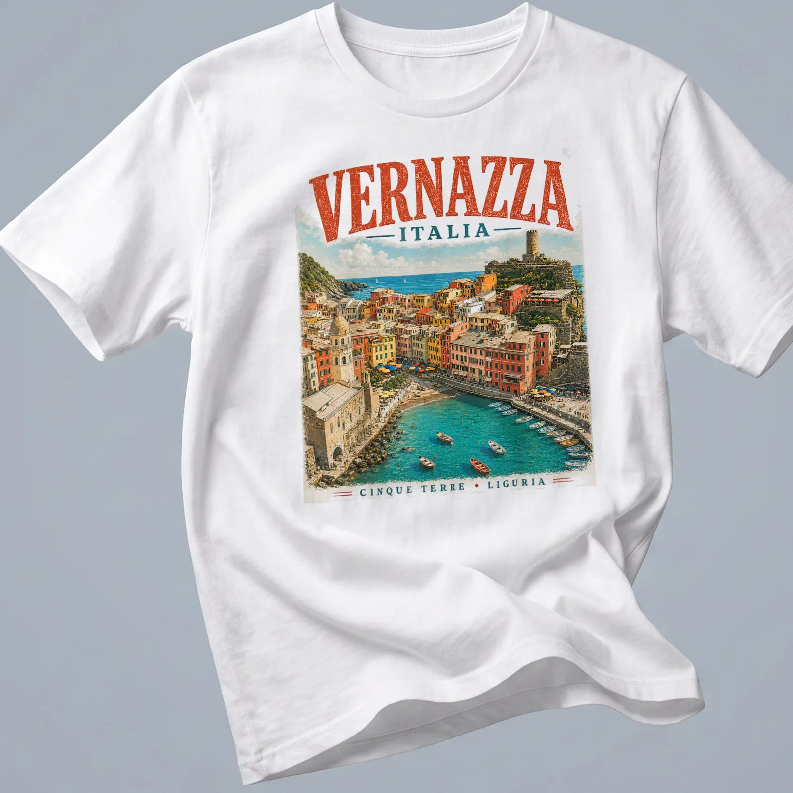 Vintage travel style t-shirt featuring Vernazza, Italy with colorful design — printed on a unisex t-shirt