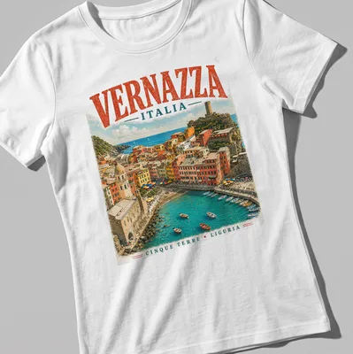 Vintage travel style t-shirt featuring Vernazza, Italy with colorful design — printed on a women's shirt