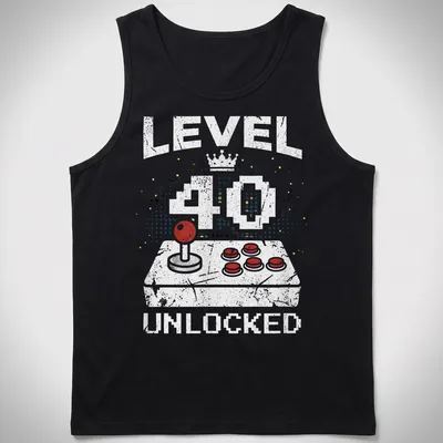 Retro distressed t-shirt with 'LEVEL 40 UNLOCKED' above a video game controller in bright colors — printed on a tank top